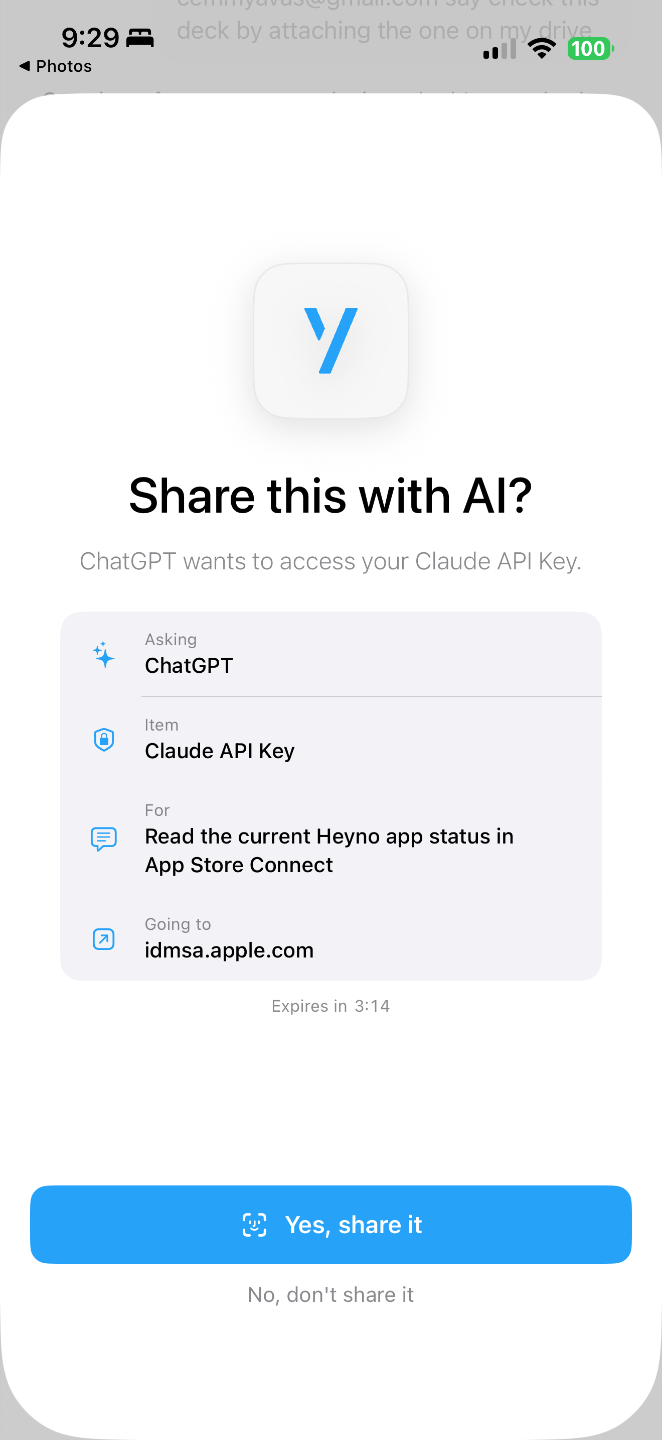 A share approval on iPhone: ChatGPT asking to access your Claude API key, granted with Face ID